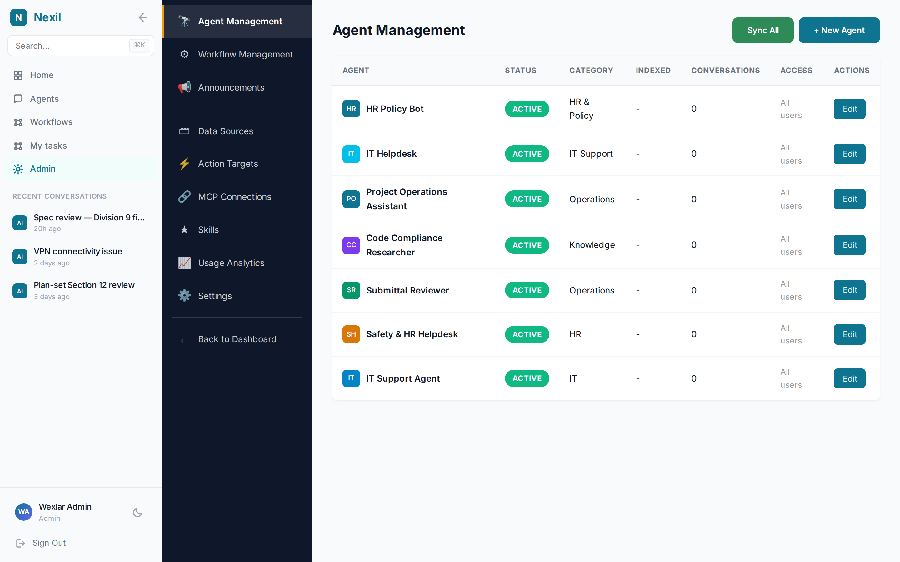 The agent management table inside a Nexil tenant