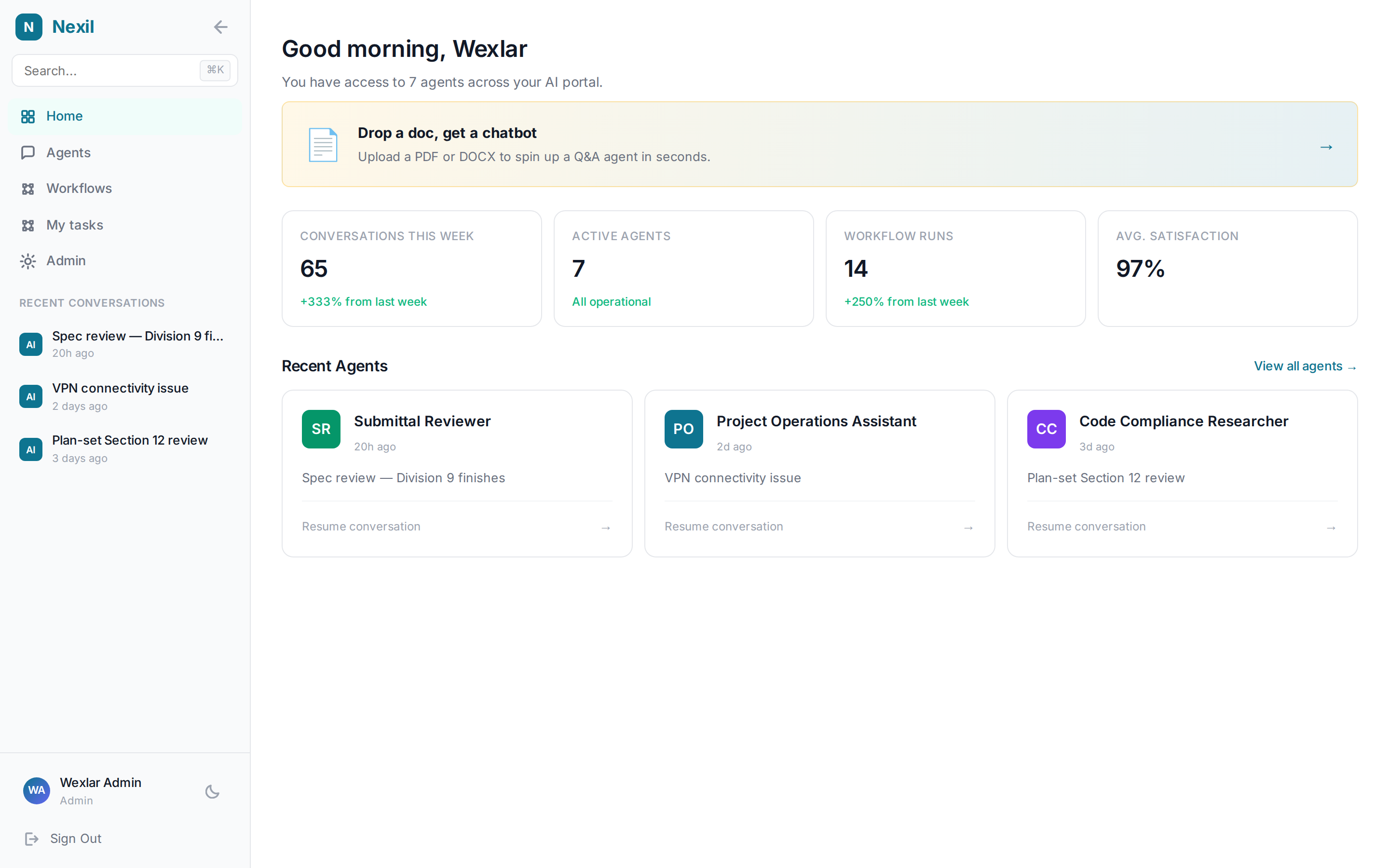 The Nexil AI portal dashboard with agents, stats, and recent activity
